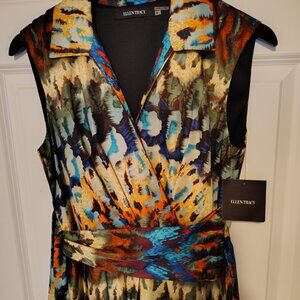 NWT Ellen Tracy Belted Sundress Dress Sashed Deep V Neck Sleeveless Statement